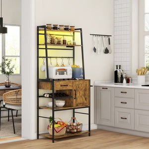 English Elm HOMCOM Bakers Rack with LED RGB Lights, Built-In Outlets & USB, Wine Rack, Drawer, Industrial Charm Rustic Brown W2225P217365