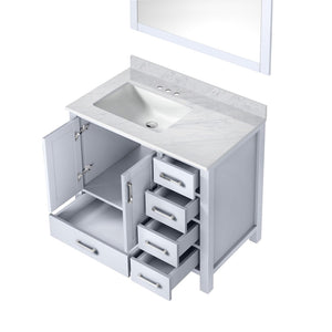 English Elm White Bath Vanity With Carrara Marble Top, 36" W, Soft-Close Drawers & Coordinated Mirror Set B2731S00679-GIGA