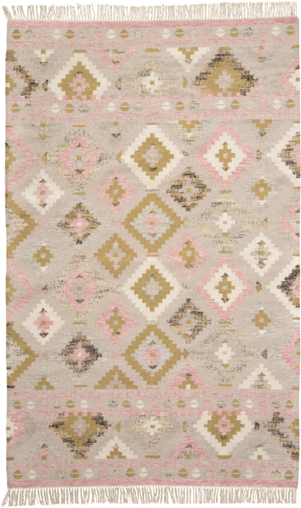 HomeRoots 10' Handmade Wool Geometric Dhurrie Area Rug in Pink Gold and Taupe with Fringed Edges, Ideal for Home 10' X 14' 512002