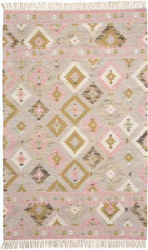 HomeRoots 10' Handmade Wool Geometric Dhurrie Area Rug in Pink Gold and Taupe with Fringed Edges, Ideal for Home 10' X 14' 512002