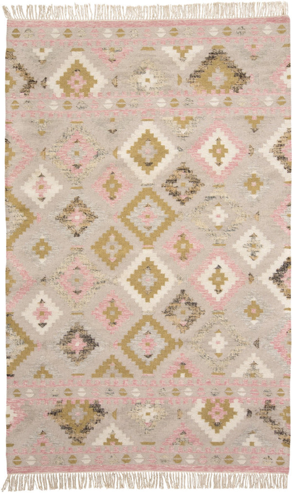 HomeRoots 10' Handmade Wool Geometric Dhurrie Area Rug in Pink Gold and Taupe with Fringed Edges, Ideal for Home 10' X 14' 512002