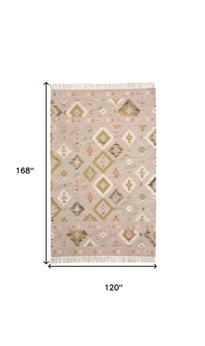 HomeRoots 10' Handmade Wool Geometric Dhurrie Area Rug in Pink Gold and Taupe with Fringed Edges, Ideal for Home 10' X 14' 512002