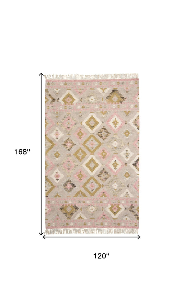 HomeRoots 10' Handmade Wool Geometric Dhurrie Area Rug in Pink Gold and Taupe with Fringed Edges, Ideal for Home 10' X 14' 512002