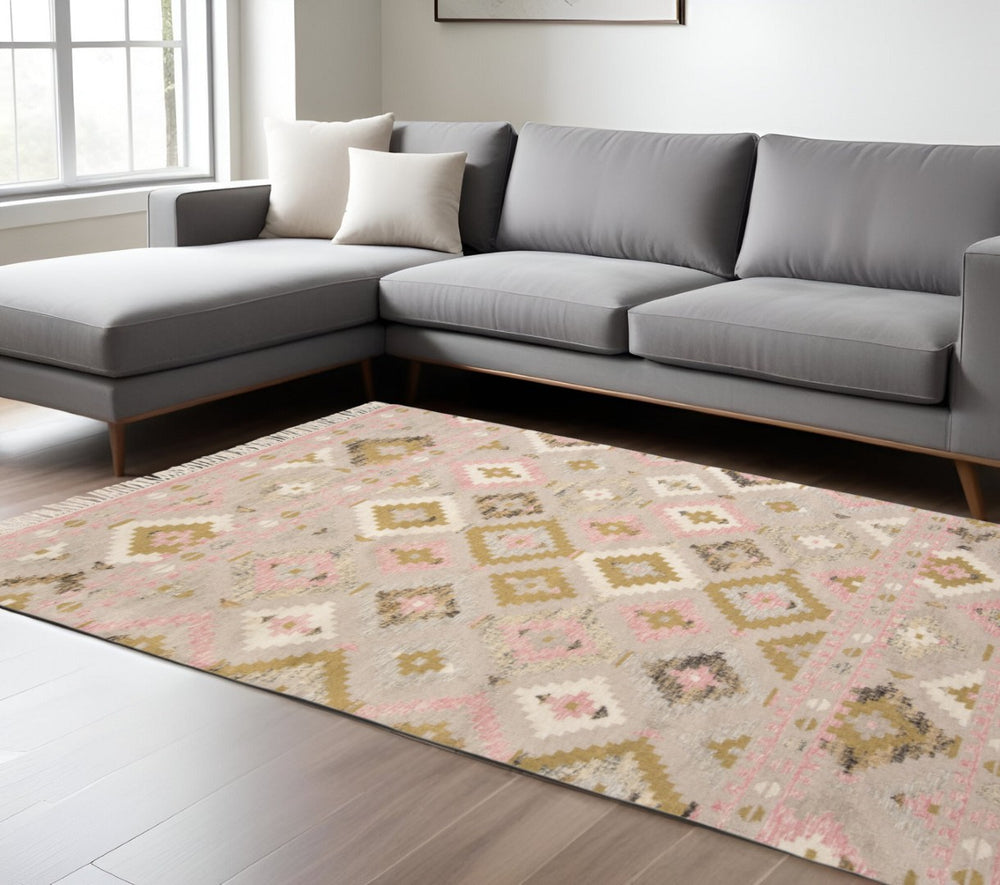 HomeRoots 10' Handmade Wool Geometric Dhurrie Area Rug in Pink Gold and Taupe with Fringed Edges, Ideal for Home 10' X 14' 512002