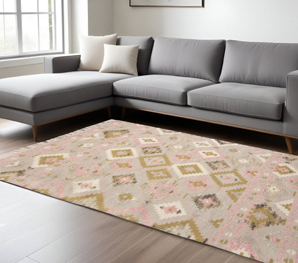 HomeRoots 10' Handmade Wool Geometric Dhurrie Area Rug in Pink Gold and Taupe with Fringed Edges, Ideal for Home 10' X 14' 512002
