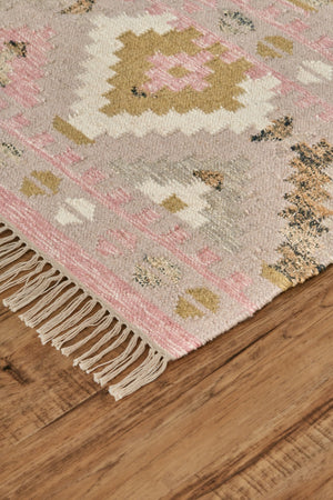 HomeRoots 10' Handmade Wool Geometric Dhurrie Area Rug in Pink Gold and Taupe with Fringed Edges, Ideal for Home 10' X 14' 512002