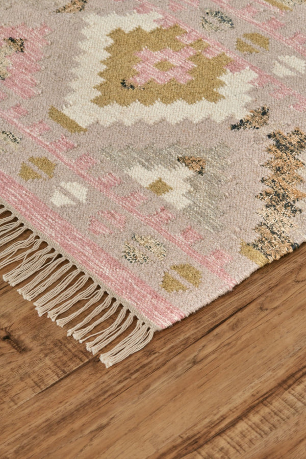 HomeRoots 10' Handmade Wool Geometric Dhurrie Area Rug in Pink Gold and Taupe with Fringed Edges, Ideal for Home 10' X 14' 512002