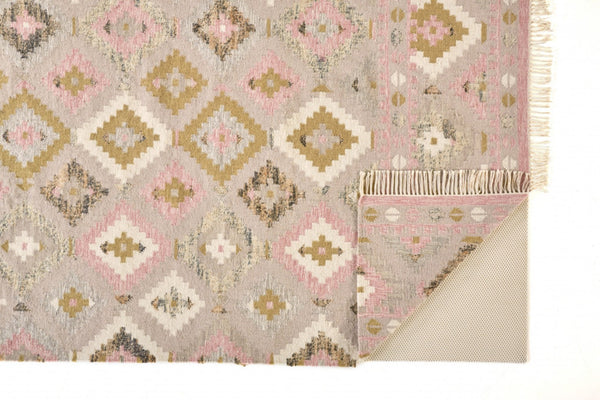 HomeRoots 10' Handmade Wool Geometric Dhurrie Area Rug in Pink Gold and Taupe with Fringed Edges, Ideal for Home 10' X 14' 512002