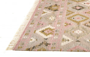 HomeRoots 10' Handmade Wool Geometric Dhurrie Area Rug in Pink Gold and Taupe with Fringed Edges, Ideal for Home 10' X 14' 512002