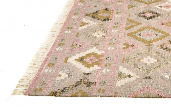 HomeRoots 10' Handmade Wool Geometric Dhurrie Area Rug in Pink Gold and Taupe with Fringed Edges, Ideal for Home 10' X 14' 512002