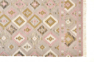 HomeRoots 10' Handmade Wool Geometric Dhurrie Area Rug in Pink Gold and Taupe with Fringed Edges, Ideal for Home 10' X 14' 512002