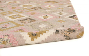 HomeRoots 10' Handmade Wool Geometric Dhurrie Area Rug in Pink Gold and Taupe with Fringed Edges, Ideal for Home 10' X 14' 512002