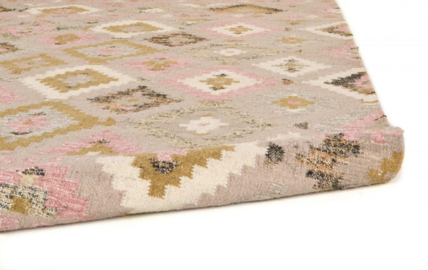 HomeRoots 10' Handmade Wool Geometric Dhurrie Area Rug in Pink Gold and Taupe with Fringed Edges, Ideal for Home 10' X 14' 512002