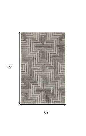 HomeRoots 5' Hand-Tufted Wool Area Rug with Modern Tan and Gray Geometric Design for Cozy Contemporary Spaces 5' X 8' 512013