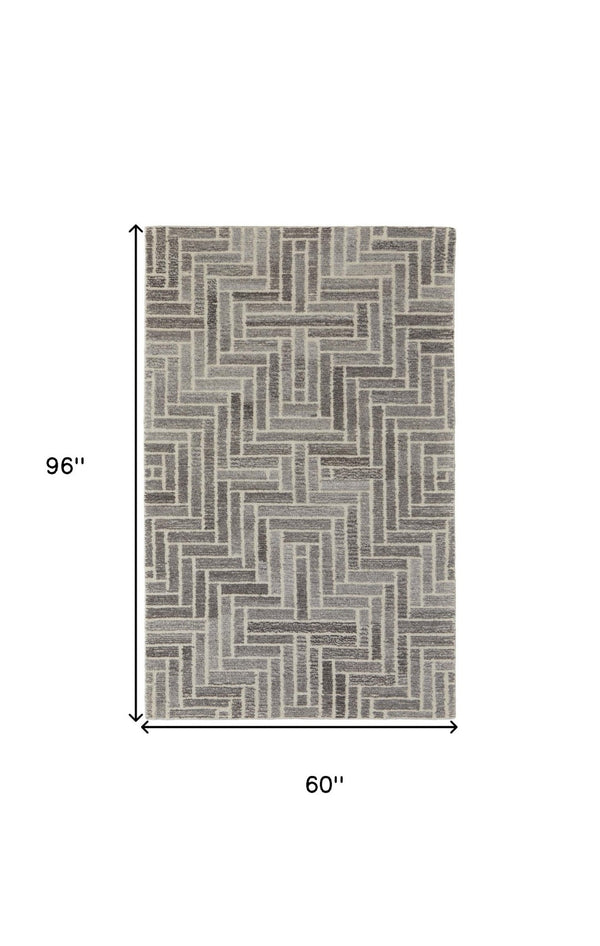 HomeRoots 5' Hand-Tufted Wool Area Rug with Modern Tan and Gray Geometric Design for Cozy Contemporary Spaces 5' X 8' 512013