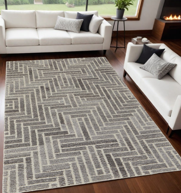 HomeRoots 5' Hand-Tufted Wool Area Rug with Modern Tan and Gray Geometric Design for Cozy Contemporary Spaces 5' X 8' 512013