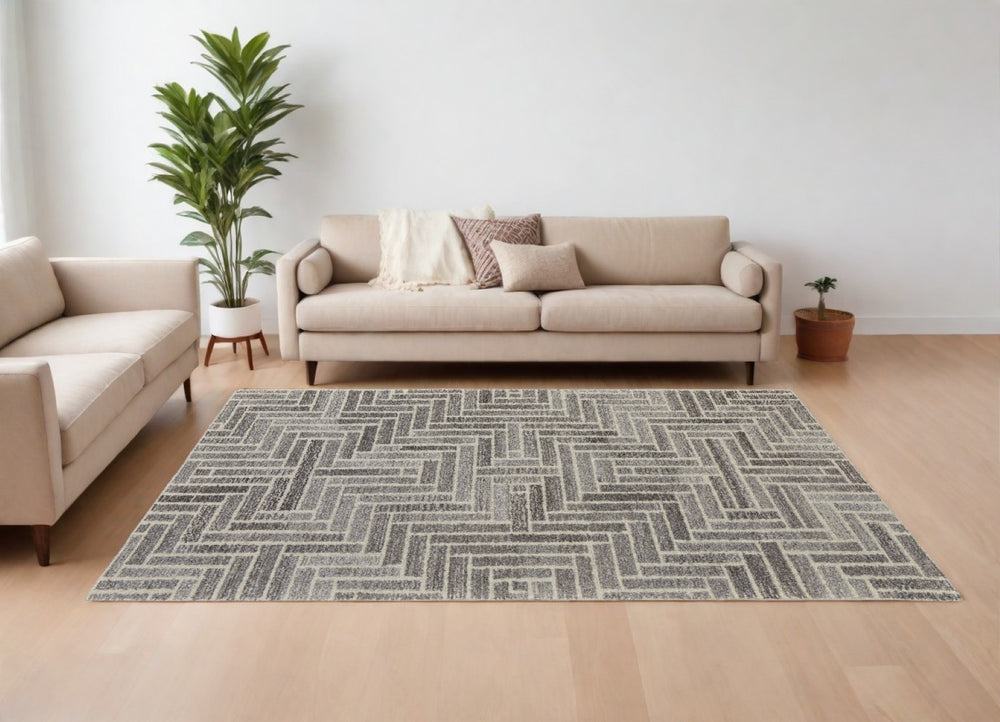 HomeRoots 5' Hand-Tufted Wool Area Rug with Modern Tan and Gray Geometric Design for Cozy Contemporary Spaces 10' X 14' 512016