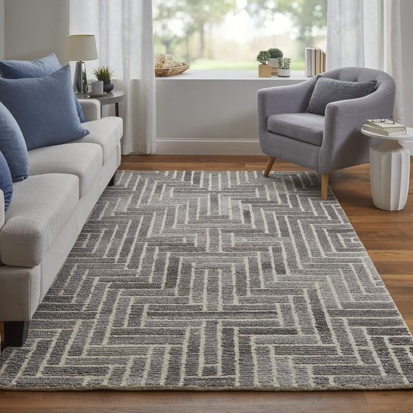 HomeRoots 5' Hand-Tufted Wool Area Rug with Modern Tan and Gray Geometric Design for Cozy Contemporary Spaces 10' X 14' 512016