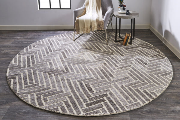 HomeRoots 5' Hand-Tufted Wool Area Rug with Modern Tan and Gray Geometric Design for Cozy Contemporary Spaces 10' Round 512019