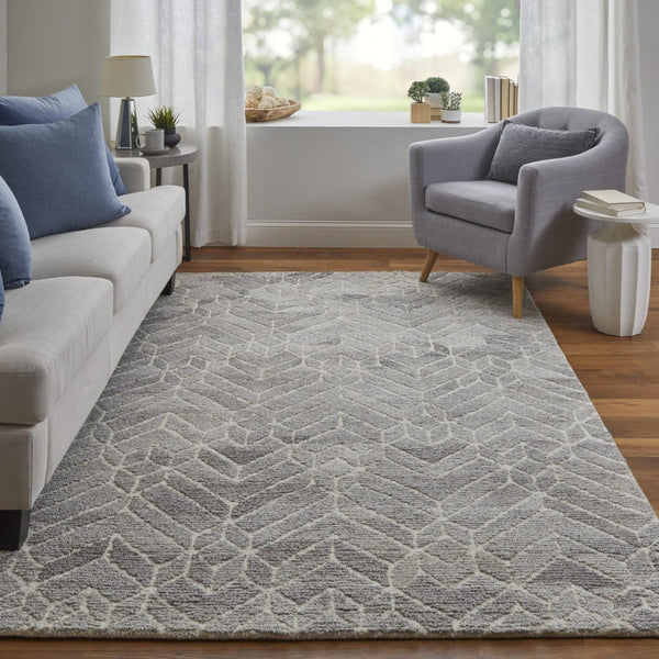HomeRoots 9' Gray and Ivory Wool Geometric Hand-Tufted Area Rug for Elegant Living Spaces and Cozy Comfort 10' X 14' 512025