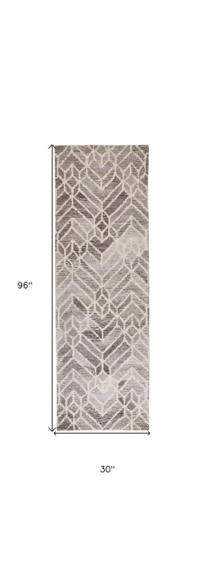 HomeRoots 9' Gray and Ivory Wool Geometric Hand-Tufted Area Rug for Elegant Living Spaces and Cozy Comfort 8' Runner 512026