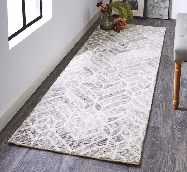 HomeRoots 9' Gray and Ivory Wool Geometric Hand-Tufted Area Rug for Elegant Living Spaces and Cozy Comfort 8' Runner 512026