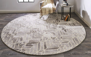 HomeRoots 9' Gray and Ivory Wool Geometric Hand-Tufted Area Rug for Elegant Living Spaces and Cozy Comfort 8' Round 512027