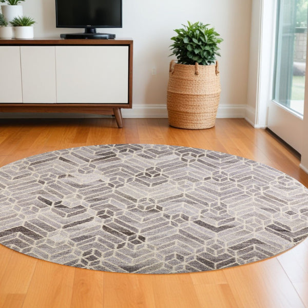 HomeRoots 9' Gray and Ivory Wool Geometric Hand-Tufted Area Rug for Elegant Living Spaces and Cozy Comfort 8' Round 512027