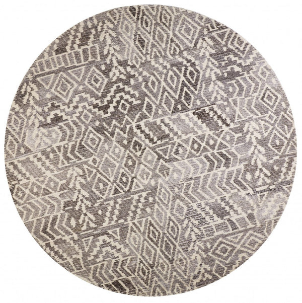 HomeRoots 5' Modern Gray and White Abstract Geometric Hand-Tufted Wool Area Rug for Stylish Home Décor 8' Round 512045