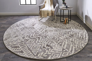 HomeRoots 5' Modern Gray and White Abstract Geometric Hand-Tufted Wool Area Rug for Stylish Home Décor 8' Round 512045