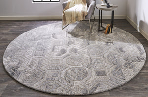 HomeRoots 5' Modern Abstract Gray and Ivory Hand-Tufted Wool Area Rug for Living Room and Bedroom Elegance 8' Round 512054