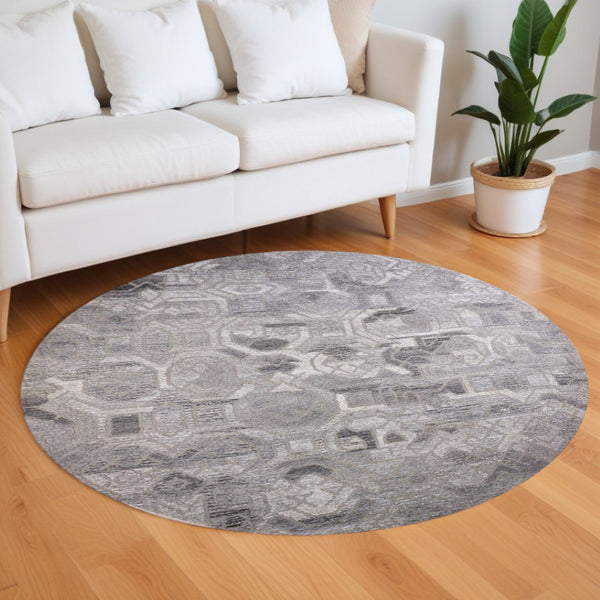 HomeRoots 5' Modern Abstract Gray and Ivory Hand-Tufted Wool Area Rug for Living Room and Bedroom Elegance 8' Round 512054