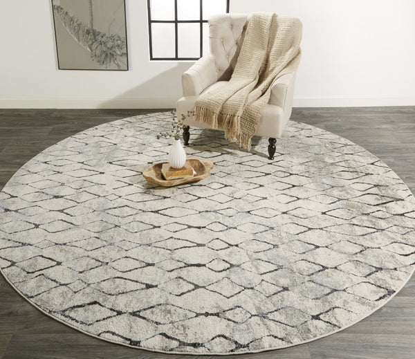 Homeroots 9' Ivory Gray And Taupe Round Abstract Stain Resistant Area Rug  Polypropylene 512070