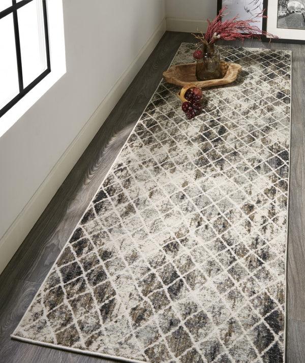 HomeRoots 4' Ivory Gray Taupe Abstract Area Rug - Stain Resistant, Modern Design for High-Traffic Spaces 8' Runner 512076