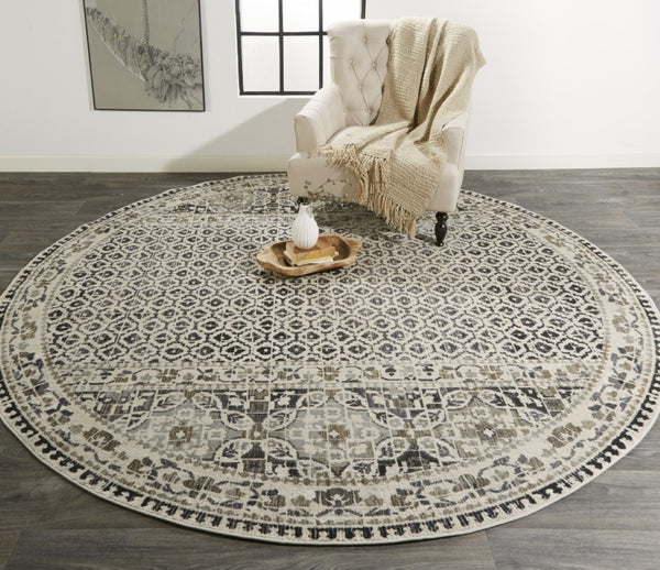 HomeRoots 4' Abstract Area Rug in Ivory, Taupe & Gray - Stain-Resistant, Modern Design for Durable Elegance 9' Round 512084
