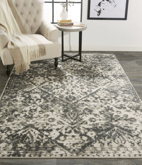 HomeRoots 10' Gray Ivory and Silver Abstract Area Rug – Stain Resistant, Soft Low Pile for Modern Interiors 10' X 14' 512096