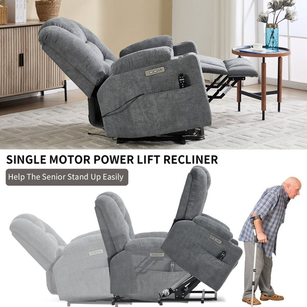 English Elm Emon's Overstuffed Chenille Power Lift Recliner with Massage Heat and Charging Ports Grey W1803S00090