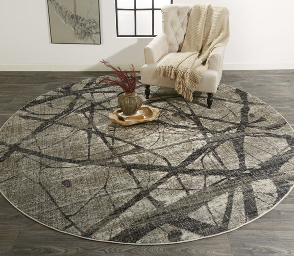 HomeRoots 4' Taupe Gray and Ivory Abstract Area Rug - Durable, Stain-Resistant Design for Modern Spaces 9' Round 512105