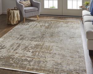 Homeroots 3' X 5' Gold And Ivory Abstract Power Loom Distressed Area Rug With Fringe Taupe,Ivory,Gold Viscose 512106