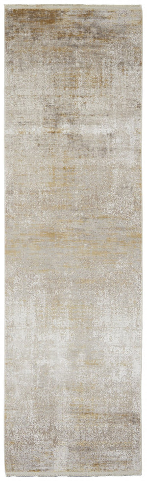 HomeRoots 3' Gold and Ivory Abstract Area Rug - Distressed Design with Decorative Fringe for Stylish Interiors 10' Runner 512111