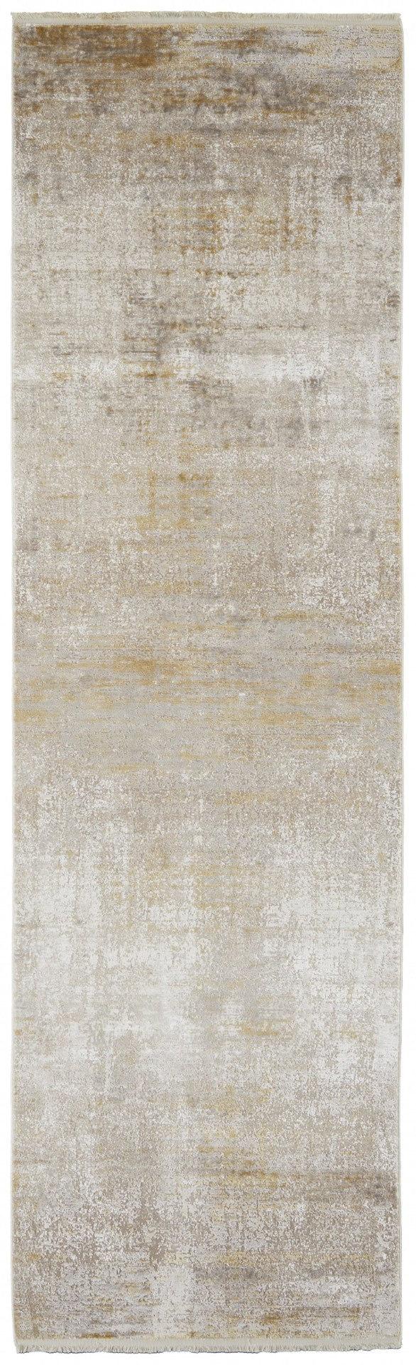 HomeRoots 3' Gold and Ivory Abstract Area Rug - Distressed Design with Decorative Fringe for Stylish Interiors 10' Runner 512111