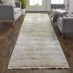 HomeRoots 3' Gold and Ivory Abstract Area Rug - Distressed Design with Decorative Fringe for Stylish Interiors 10' Runner 512111
