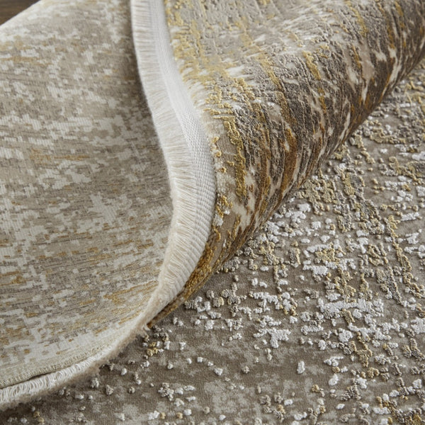 HomeRoots 3' Gold and Ivory Abstract Area Rug - Distressed Design with Decorative Fringe for Stylish Interiors 10' Runner 512111