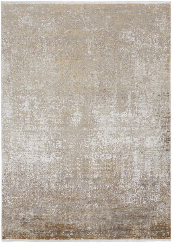 Homeroots 12' X 18' Taupe Ivory And Gold Abstract Power Loom Distressed Area Rug Taupe,Ivory,Gold Viscose 512112