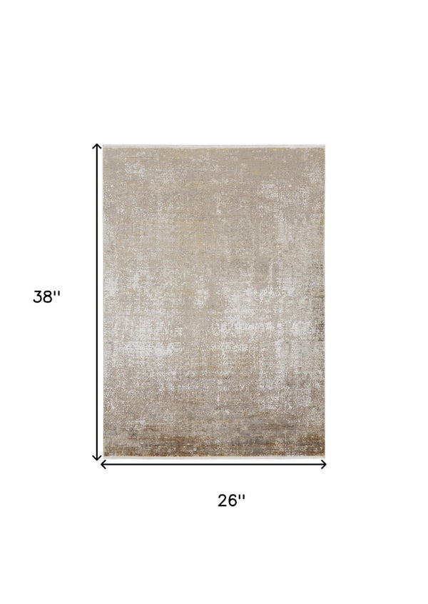 HomeRoots 3' Gold and Ivory Abstract Area Rug - Distressed Design with Decorative Fringe for Stylish Interiors 2' X 3' 512115