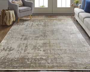 HomeRoots 3' Gold and Ivory Abstract Area Rug - Distressed Design with Decorative Fringe for Stylish Interiors 2' X 3' 512115