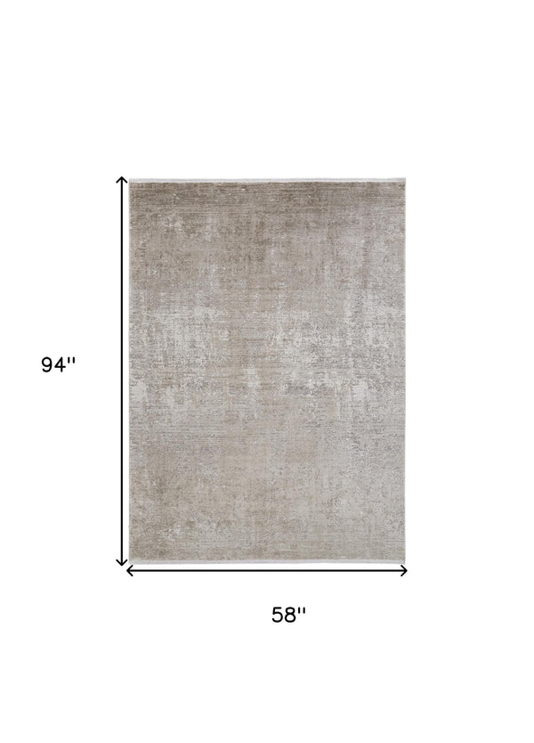 Homeroots 5' X 8' Tan Ivory And Gray Abstract Power Loom Distressed Area Rug With Fringe Tan,Ivory,Gray Viscose 512117