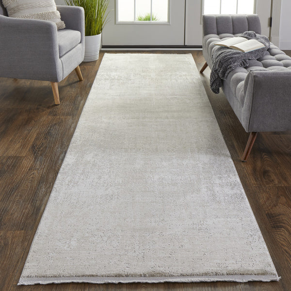 Homeroots 10' Tan And Ivory Abstract Power Loom Distressed Runner Rug With Fringe Tan,Ivory,Gray Viscose 512121