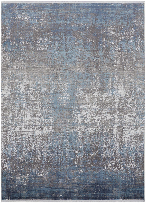 Homeroots 3' X 5' Blue And Gray Abstract Power Loom Distressed Area Rug With Fringe Blue,Gray,Silver Viscose 512126