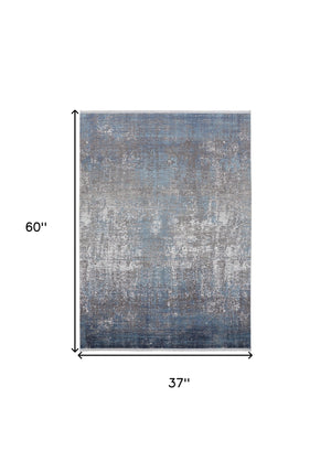 Homeroots 3' X 5' Blue And Gray Abstract Power Loom Distressed Area Rug With Fringe Blue,Gray,Silver Viscose 512126